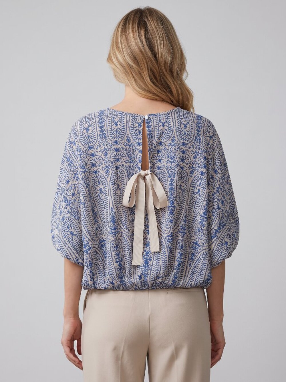 Women's Blue Paisley Boho Blouse Lantern Sleeve Round Neck Tie Back Top - Picture 1 of 5